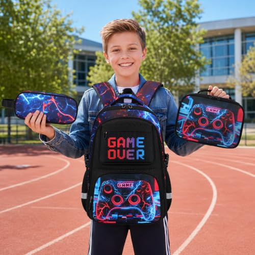 Scothen 3PCS Boys Backpack Set, Cool Backpack for Boys with Lunch Bag & Pencil Case, Kids School Bag Teen Boy Bookbag for Kindergarten Elementary Middle School with USB Charging Port - color: Futuristic Red & Blue Lightning