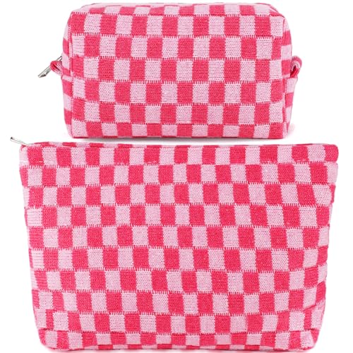 ZLFSRQ 2Pcs Makeup Bag Checkered Cosmetic Bag Set Travel Toiletry Bags for Purse Large Small Makeup Pouch for Women Cute Preppy Pencil Pouch Case Pink Zipper Skincare Bags - color: B-Checkered 2Pcs Mix Pink