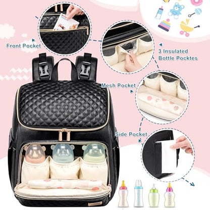Weitars Diaper Bag Backpack Leather Baby Diaper Bag with Changing Pad Travel Diaper Backpack,Baby Bag for Mom,Stroller Straps,5 Insulated Pockets (Black Leather) - color: Black Leather