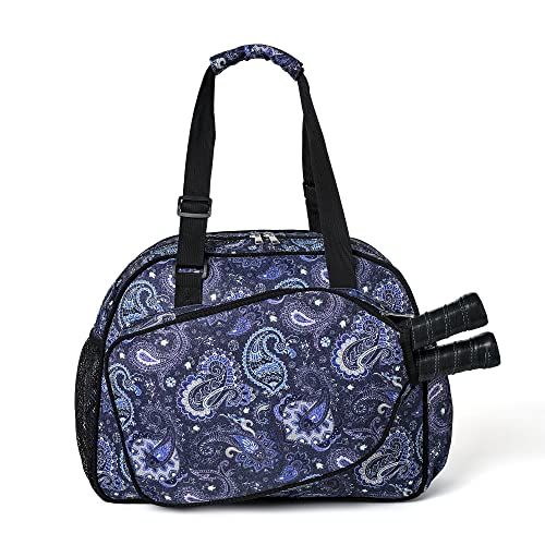 Boulder Bee Pickleball Bags, Premium Pickleball Tote Bag for Girls, Women’s Hand/Shoulder Gym Bag w Water Bottle Holder, with Pickleball Racquet/Paddle Holder - color: Blue cashew flower