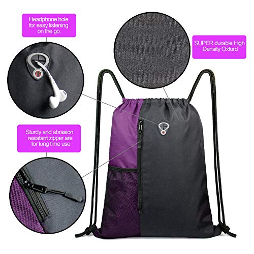 BeeGreen Purple Drawstring Backpack Sports Gym Bag for Women Men Large Cinch Sack workout Bag with Zipper and Water Bottle Mesh Pockets, 16 x 20 inch - color: Black/Purple, style: Drawstring With Mesh Pocket