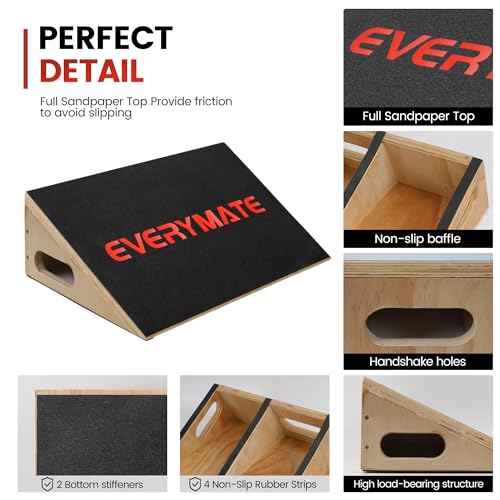 EVERYMATE Heavy-Duty Wooden Slant Boards for Exercise & Calf Stretch – 19.7" Wide Incline Board for Squats, Non-Slip Surface, Fixed 25° Angle for Strength & Flexibility Training, 1200 lbs Capacity - color: Slant Board-1