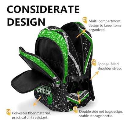 Custom Cheer Backpack for School, Cute 17 Inch Lightweight Cheerleading Initial Backpacks Gift for Team Camp Picnic Travel Gym - color: Green