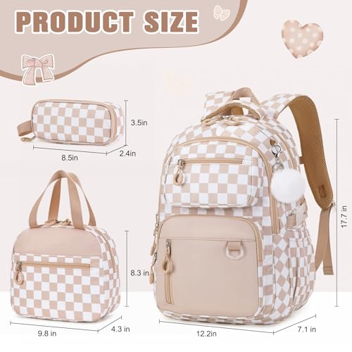 Bevalsa Backpack for Girls 3PCS Teen Girls Backpack for School with Lunch Bag Pencil Case Khaki Cute Kids Laptop Backpacks Bookbag for Elementary Middle High School College Student (Checkerboard) - color: Khaki Checkerboard