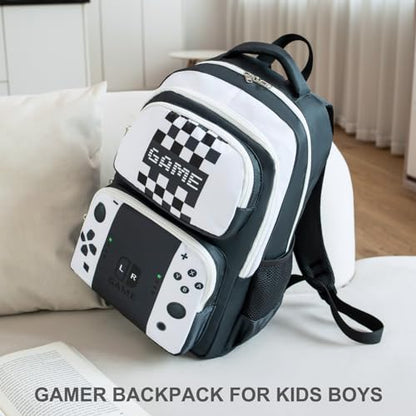 JIANYA School Backpack for Boys and Girls Elementary Children's School Bag Kids Backpack with Lunch Box - color: Gamer/ White