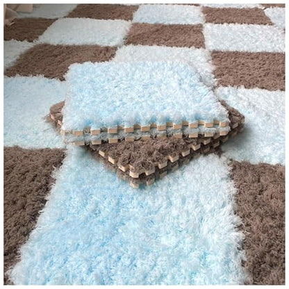 Thickened Plush Foam Interlocking Floor Carpet Mat, 24 Piece 12x12in Fluffy Square Puzzle Foam Carpet Tiles with Edgings, Soft Anti-Slip Shaggy Area Rug Playmat (Dark Curry+Blue) - color: Dark Curry+blue