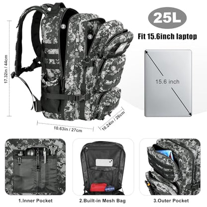 Military Tactical Backpack 25L Day Backpack for Men Molle Army 3 Days Assault Pack Bug Out Bag Water Resistant and Heavy Duty Hiking Treeking Rucksack - Black Digital Camo - color: Black Digital Camo, size: 25L