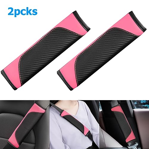 AUCELI 2PCS Car Seat Belt Cover, Carbon Fiber Seatbelt Shoulder Strap Covers, Breathable Leather Soft Harness Pad Protect Your Neck and Shoulder Compatible with Cars - color: Black/Pink