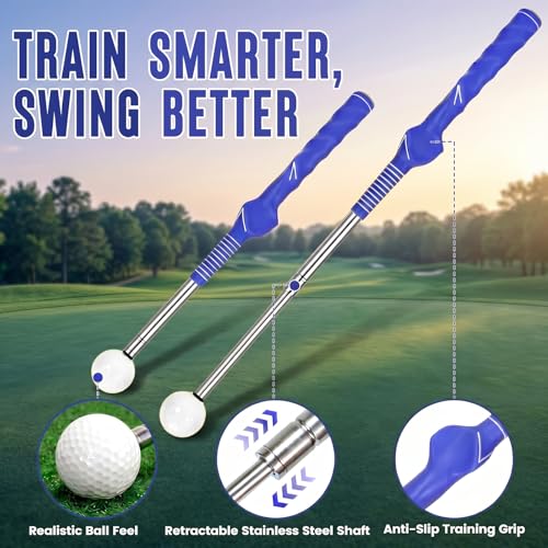 5-in-1 Golf Swing Trainer for Right-Handed Golfers with Click Feedback, Retractable Training Aid, Grip Trainer & Arm Band, Improve Tempo & Swing Path, Indoor Outdoor Practice - color: Blue
