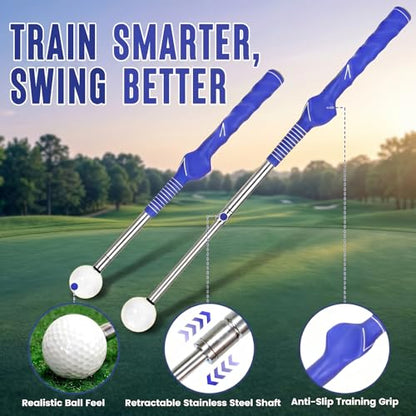 5-in-1 Golf Swing Trainer for Right-Handed Golfers with Click Feedback, Retractable Training Aid, Grip Trainer & Arm Band, Improve Tempo & Swing Path, Indoor Outdoor Practice - color: Blue