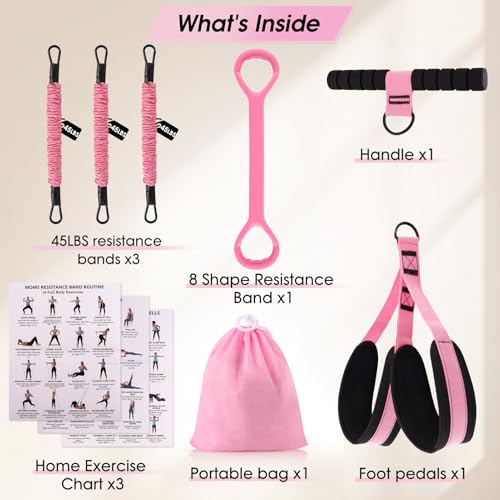 Multifunction Pedal Resistance Band with Handle-Figure 8 Resistance Band Set, 3-Tube Adjustable Bands for ABS, Core, Waist, Arm, Leg, Sit Up Exercise Equipment, 3 Home Workout Chart for Women