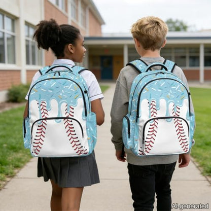 Suobstales Aqua Blue Baseball Ice Cream Drip Print Backpack for Kids Girls Boys Large Capacity Casual Daypack with Adjustable Strap Lightweight Rucksack Bookbag Back to School Gifts for Teens Child - color: Aqua Blue Baseball Ice Cream Drip