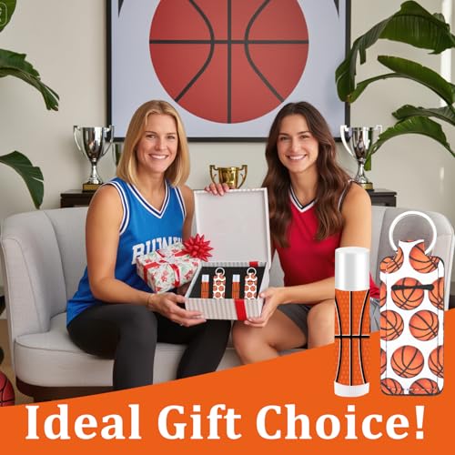 24 Sets Basketball Party Favors Lip Balm and Lipstick Holder Keychain Bulk Sport Ball Team Gifts Natural Moisturizing Lip Balm Keychains Portable Pouch for Team Basketball Sports Party Supplies - style: Basketball
