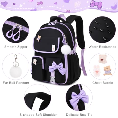 ACESAK Girls Backpack - 3PCS Backpack for Girls Cute School Backpacks for Girl Kindergarten Elementary Preschool Middle Kids School Bags with Lunch Box Pencil Case Set (Black-Purple) - color: Black Purple