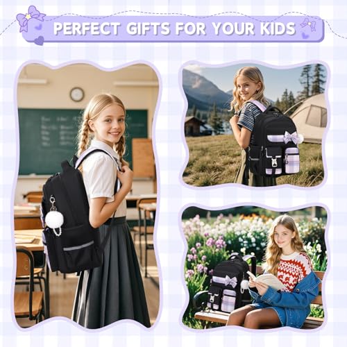 Girls Backpack, Kids Backpack for Girls School Bags with Pen Case, Bow Plaid Book Bag for Elementary Middle Primary High School College, Black-2pcs - color: Black