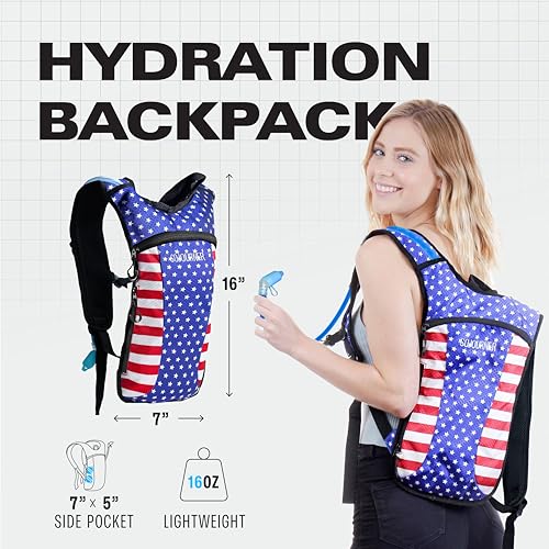 Sojourner Rave Hydration Pack - Hydration Backpack - Hydropack with 2L Bladder - Water Backpack for Festivals, Hiking, Running, Biking and More - color: USA