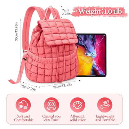 Quilted Puffer Backpack for Women Lightweight Soft Puffy Backpack Purse Casual Daily Drawstring Flap Daypack (Watermelon Red) - color: Watermelon Red