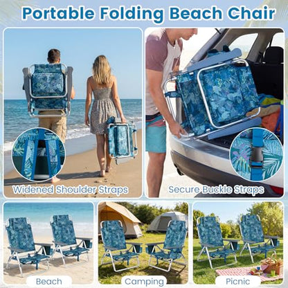 COSTWAY Portable Folding Backpack Beach Chairs Set of 2 with 5-Position Backrest, Padded Headrest, Cup Holder & Ice Bag for Lawn, Poolside (Tropical Leaf) - color: Tropical Leaf