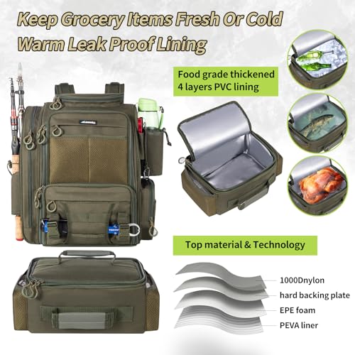 BLISSWILL Large Fishing Backpack with Cooler for 3 Tackle Boxes - Fishing Bag with Rod Holders for Camping and Hiking - color: Army Green