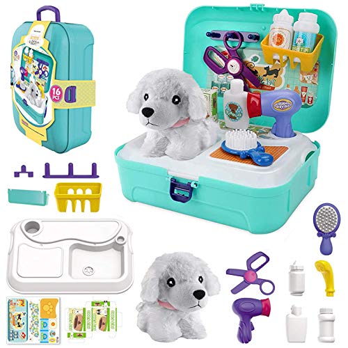 TEUVO Pet Care Play Set Doctor Kit for Kids, 16 Pcs Doctor Pretend Play Vet Dog Grooming Toys Puppy Dog Carrier Feeding Dog Backpack Gifts for Girls Boys 3-7 Years Old - color: Green
