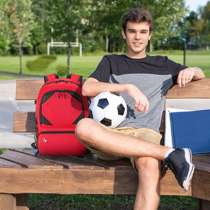 Soccer Backpack with Seperate Compartment, Water Resistant Sport Bags fit for Basketball, Volleyball, Football - color: Red