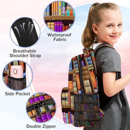 Bookshelf Book Backpack with Chest Strap, Casual Backpack for Women Men, 16 Inch Daypack for Travel Work, Library Book - color: Red