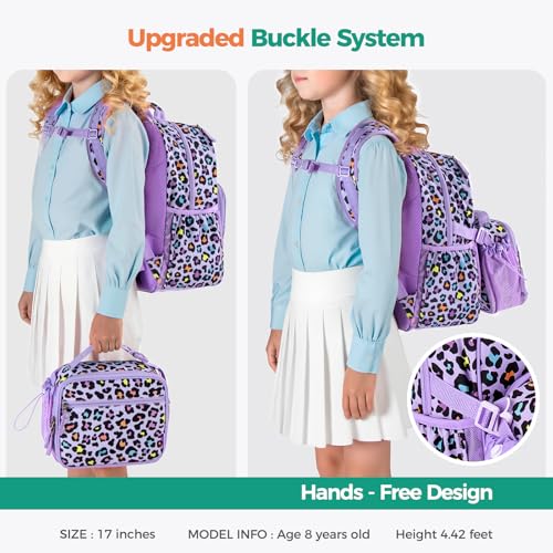 Choco Mocha Kids Backpack for Girls Cheetah Backpack Kids Elementary School Backpack for Girls Ages 6-8 Kid Bookbag 17 Inch with Chest Strap, Purple - color: Leopard Print-purple