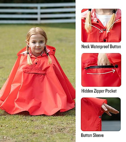 SaphiRose Lightweight Kids Rain Poncho Jacket Waterproof Outwear Rain Coat - color: Red, size: 9-13 Years
