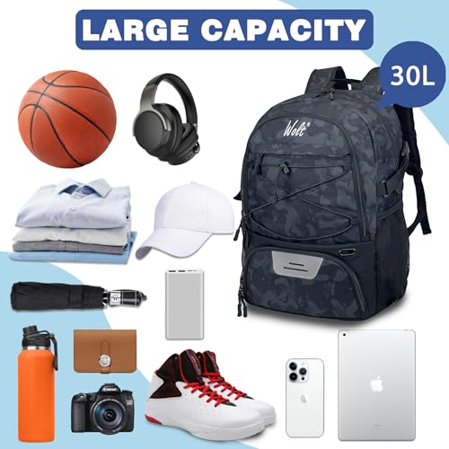 WOLT Basketball Backpack Large Sports Bag with Separate Ball Holder & Shoes Compartment, Best for Basketball, Soccer,Gym - color: Camo Black