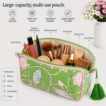 Huar Travel Makeup Bag- Large Capacity Cosmetic Bags for Women - color: Lime & Pink Floral