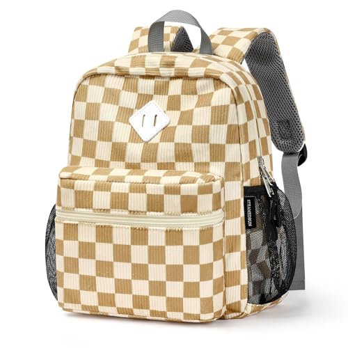 STEAMEDBUN Corduroy Toddler Backpack for Girls Boys 2-4, Kids Preschool Backpack for Kindergarten - Checkered - color: Corduroy Brown Checkered, size: Mini-12"H(not fit folder)