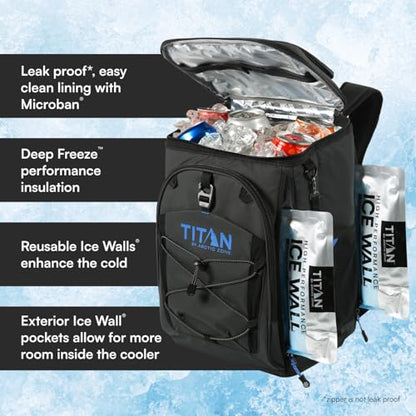 Titan Deep Freeze Ice Wall Backpack Cooler 30 Can Cooler Bag with Ice Packs - color: Cobalt Carbon Black