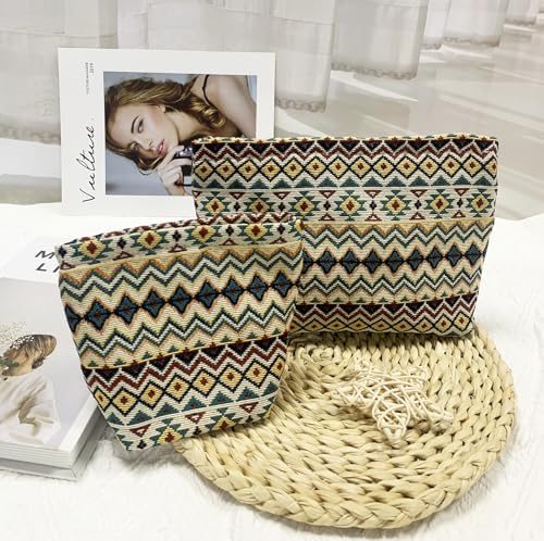 getgto 2 Pcs Makeup Bags, Large Cosmetic Bag Travel Toiletry Bag Organizer for Women, Embroidery Craft, Stripe Makeup Bag Small Cosmetic Pouch Purse with Zipper Gifts for Girls Teen - color: Brown wave