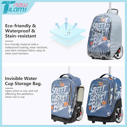NEW TILAMI 19 inch Rolling Backpack Teens Rolling Backpack Cute Wheeled Laptop Backpack Bookbag Roller Travel Bag College, Basketball Street - color: Blue Basketball Street