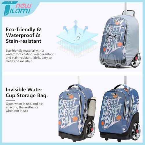 NEW TILAMI 19 Inch Rolling Backpack with Lunch Bag for Girls Boys Wheeled Laptop Backpack Durable Carry-on Bag School Travel, Street Basketball - color: Blue Street Basketball