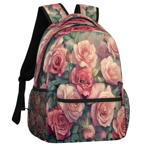Retro Pink Rose Womens Travel Backpack | 15.6 Inch Laptop Backpack, Lightweight Casual Daypack, Water Resistant, Cute Work Backpacks, Large Capacity - color: Multicolor4