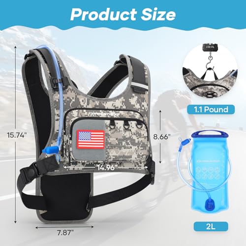Maelstrom Hydration Vest with 2L Water Bladder Backpack for Running Hiking | Chest Pack, BPA-free, High Flow Bite, Reflective Stripe, Helmet Buckle, Detachable, Breathable Pad, for Cycling, Marathon - color: Camo