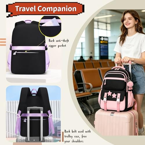 3Pcs Kids Backpack for Girls, Teen Girls Backpack Set with Tote Bag for Elementary Middle School Kids, with Star Pins and Furry Pendant, A08-3Pcs Purple - color: A08-3pcs Purple