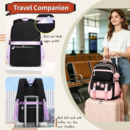 3Pcs Kids Backpack for Girls, Teen Girls Backpack Set with Tote Bag for Elementary Middle School Kids, with Star Pins and Furry Pendant, A08-3Pcs Purple - color: A08-3pcs Purple