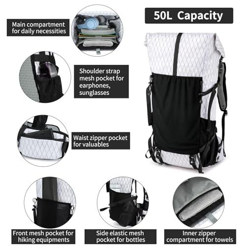 Hiking Backpack,40L to 50L Extra Large Capacity Hiking Bag,Internal Frame Camping Backpack,Upgraded X-PAC Lightweight Sport Daypack Travel Backpack Fit For Mountain Climbing Camping(White) - color: White