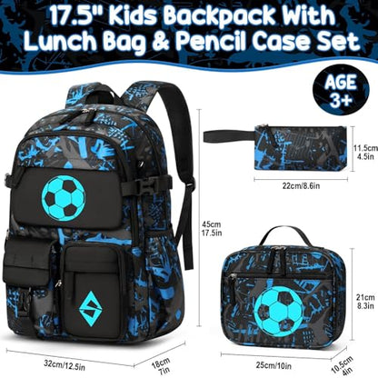 Fimibuke Backpack for School Boys, 3 PCS Cool Luminous Kids Backpacks with Lunch Box & Pencil Pouch, Toddler Teen Glow in The Dark Backpack Bookbag Schoolbag Set for Elementary to High School Students - color: Soccer