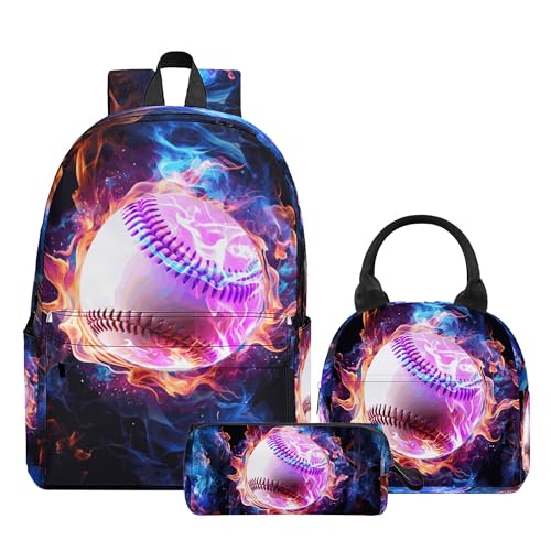 3PCS Boys Baseball Backpack, Bookbag for Kids Boys with Lunch Box, 17 Inch Baseball Teens Back to School Bag Set, Laptop Backpack for Mens School/Daypack - color: Baseball