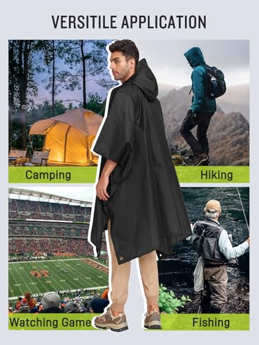 SaphiRose Extra Thick Hooded Rain Poncho Double Layer Waterproof Raincoat Jacket for Men Women Adults - color: Black
