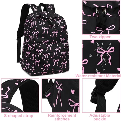 LEDAOU School Backpack for Teen Girls - 15.6 Inch Laptop Backpack, Cute Bow Aesthetic Bookbag, Lightweight Water Resistant Daypack for Middle High School, College and Travel, Black - color: A-black Bow Tie