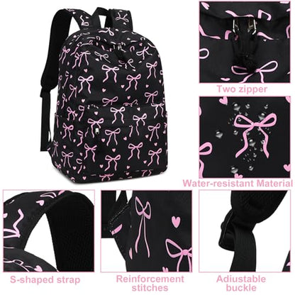 LEDAOU School Backpack for Teen Girls - 15.6 Inch Laptop Backpack, Cute Bow Aesthetic Bookbag, Lightweight Water Resistant Daypack for Middle High School, College and Travel, Black - color: A-black Bow Tie