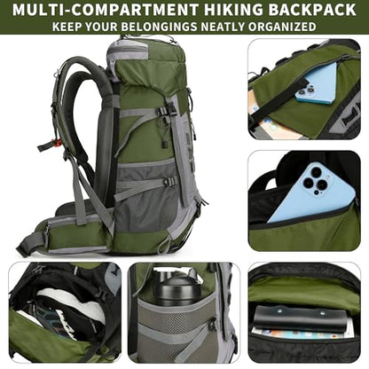 75L Hiking Backpack with Rain Cover Waterproof Camping Backpack Shoes Warehouse for Men Women, Frameless - color: Armygreen, size: 60L