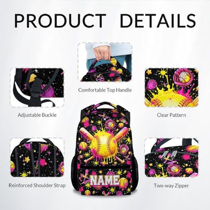 Softball Backpack for Girls, Personalized Kids Bookbag with Name - 17" Water-Resistant Sports School Bag for Elementary Kindergarten - color: Yellow