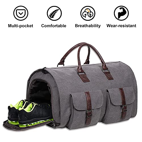 seyfocnia Convertible Travel Garment Bag,Carry on Garment Duffel Bag for Men Women - 2 in 1 Hanging Suitcase Suit Business Travel Bag - color: Grey-2Pockets-Canvas