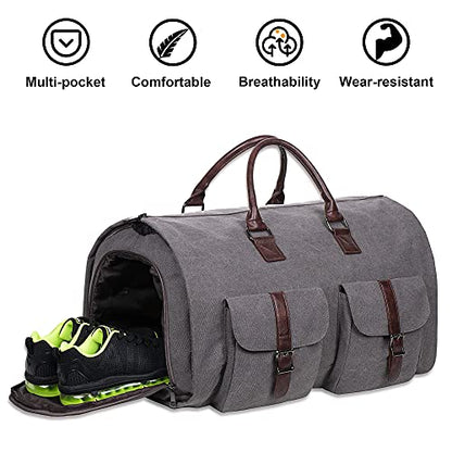 seyfocnia Convertible Travel Garment Bag,Carry on Garment Duffel Bag for Men Women - 2 in 1 Hanging Suitcase Suit Business Travel Bag - color: Grey-2Pockets-Canvas