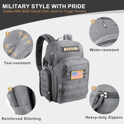 MIRACOL Dad Diaper Bag Military - Tactical Baby Backpack with Changing Pad for Outdoor Baby Care - Water-Resistant Fabric & MOLLE System Ideal for Travel Hiking Parks Grey - color: Grey W/ Changing Mat